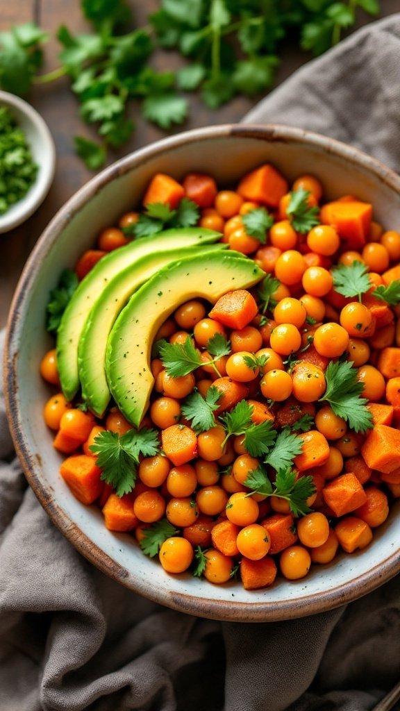 A colorful bowl filled with spicy chickpeas, sweet potatoes, avocado slices, and fresh cilantro.