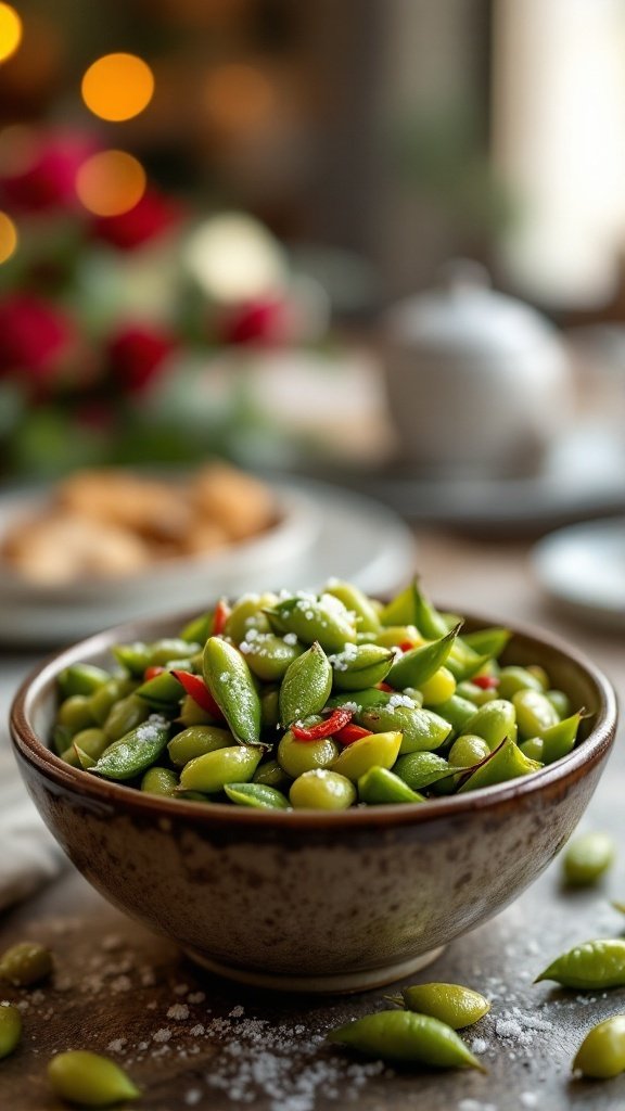 A bowl of spicy edamame sprinkled with sea salt, surrounded by colorful roses and a cozy dining setup.
