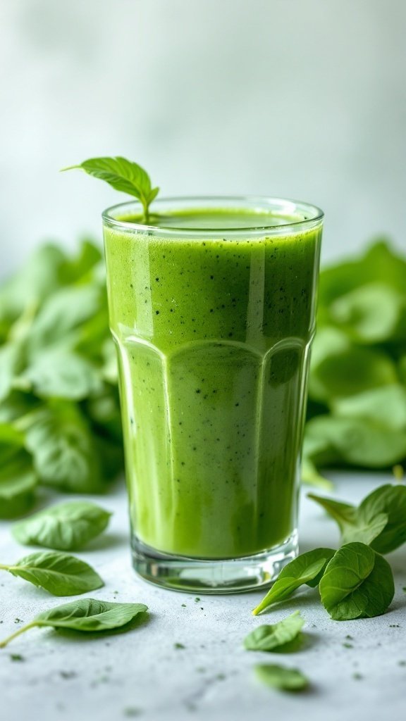 A green smoothie in a glass, surrounded by fresh spinach leaves.