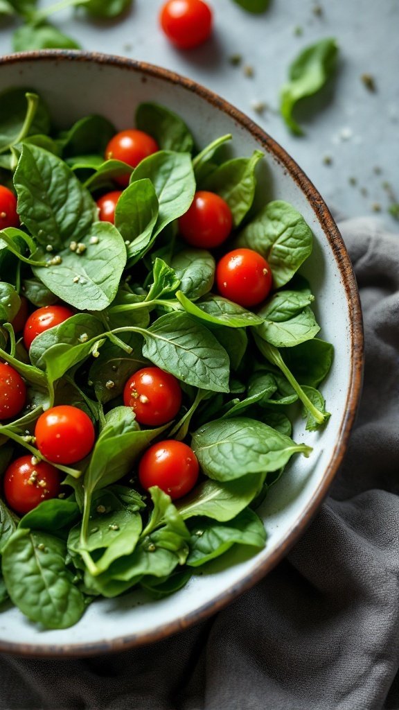 A bowl of fresh spinach leaves and cherry tomatoes on a grey background.