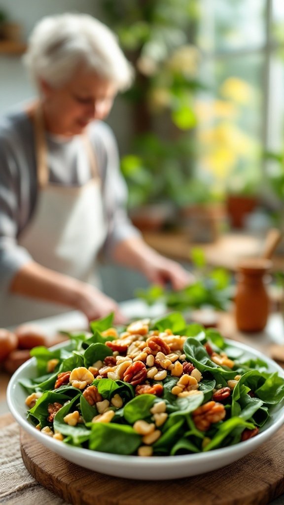 A bowl of spinach salad with nuts, featuring a senior woman preparing food in the background.
