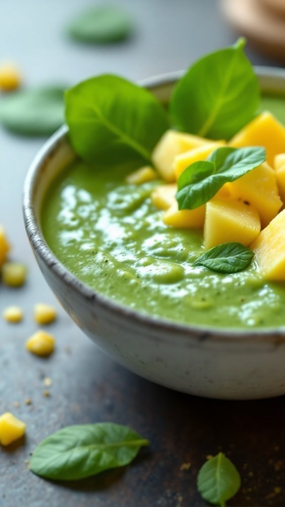 A bowl filled with green spinach pineapple smoothie topped with pineapple chunks and fresh basil leaves.