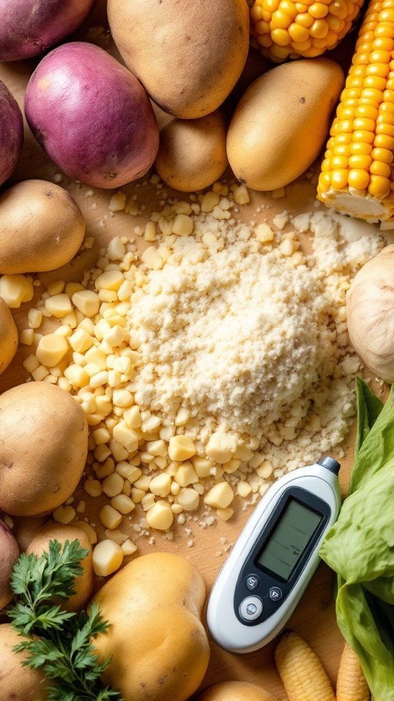 An assortment of starchy vegetables like potatoes and corn, with a blood sugar monitor in the center.
