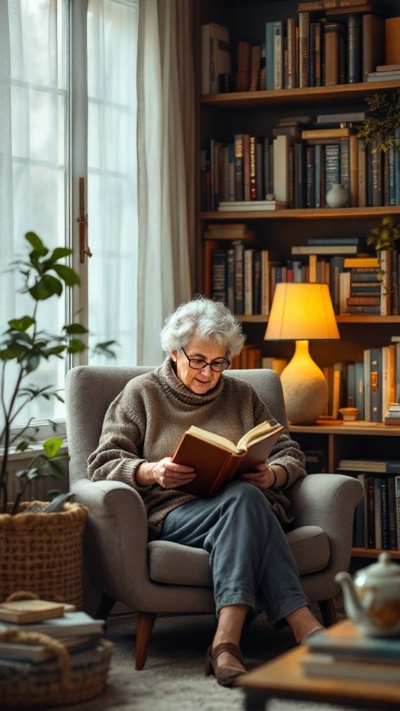 An elderly woman reading a book in a cozy chair with bookshelves in the background.