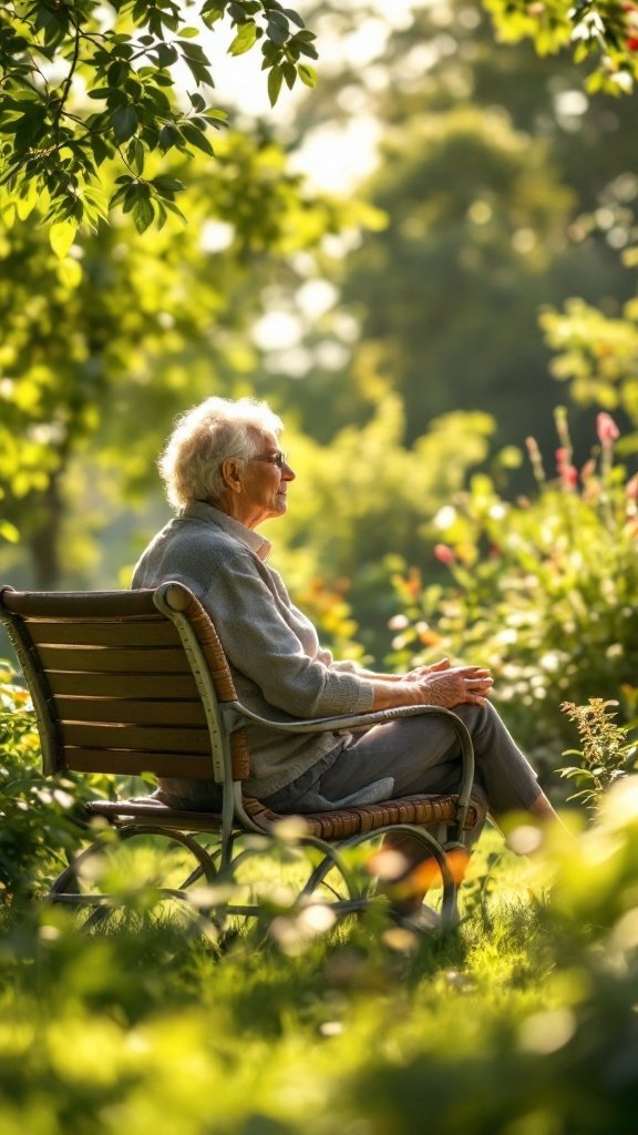 An older person sitting on a bench in a garden, enjoying nature.