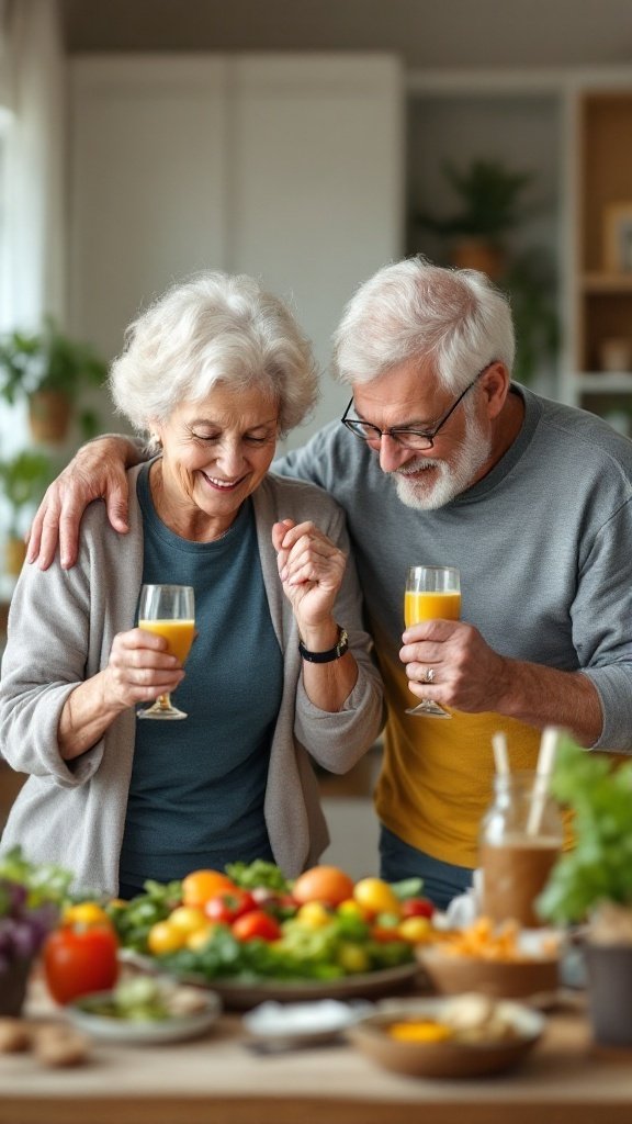 An elderly couple enjoying healthy drinks and a variety of fresh vegetables in a kitchen setting.