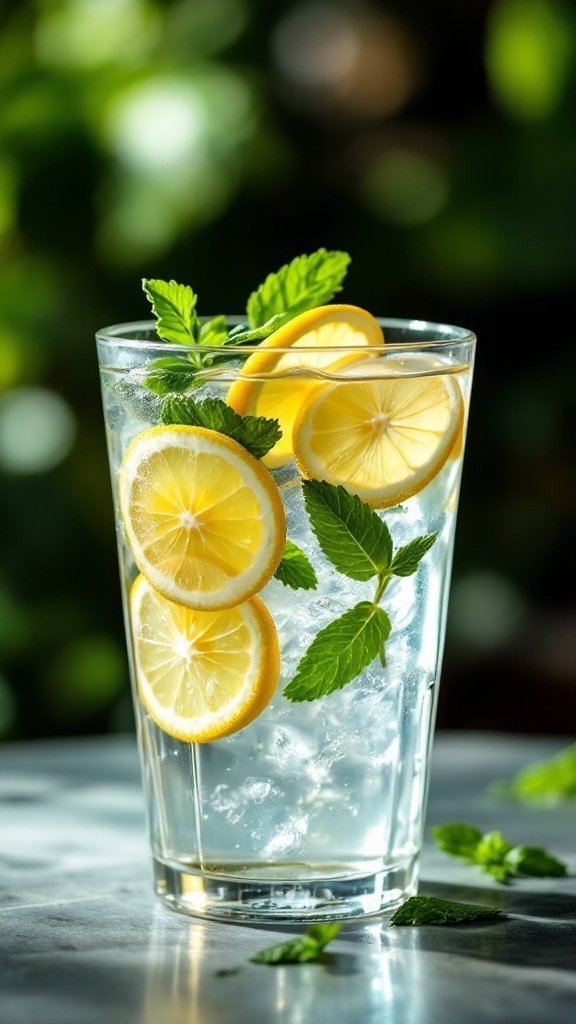 A refreshing glass of water with lemon slices and mint leaves.