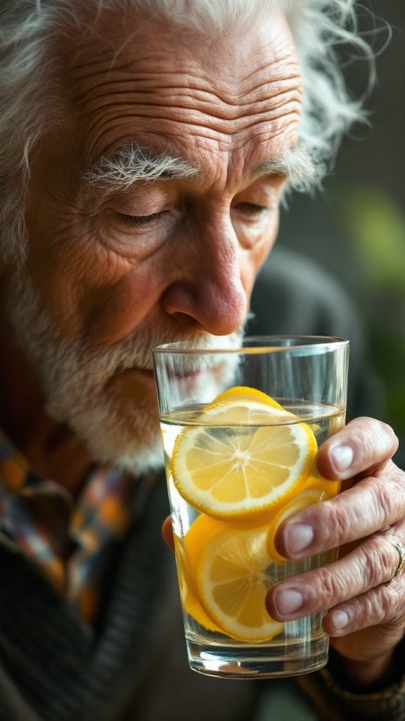 An elderly man enjoying a glass of lemon-infused water.