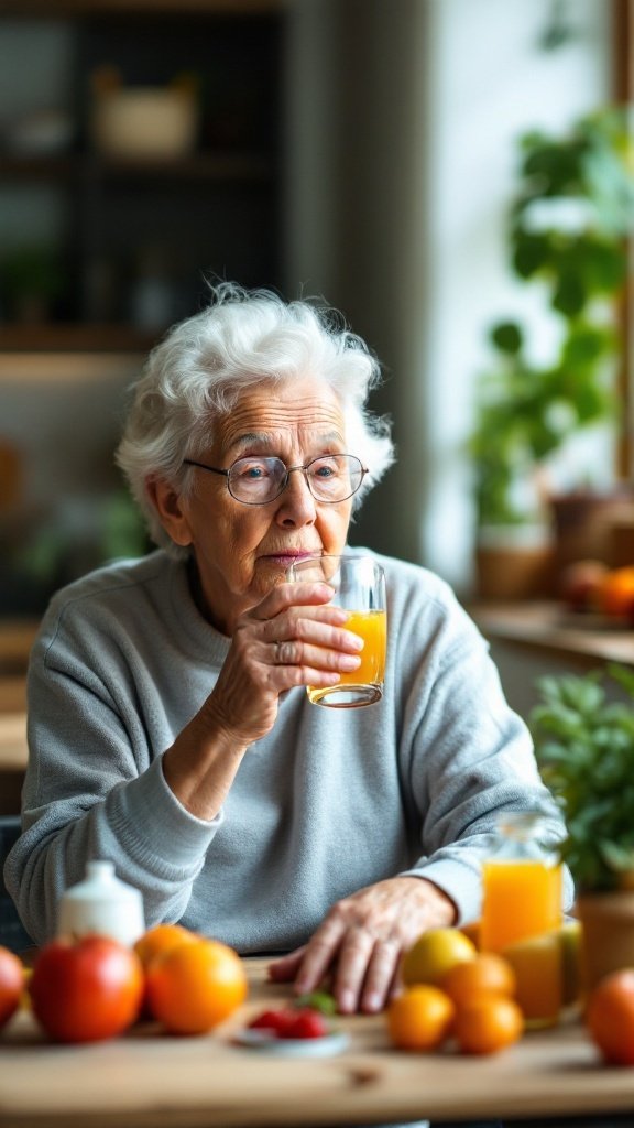 A senior woman enjoying a glass of orange juice while sitting at a table filled with fresh fruits.