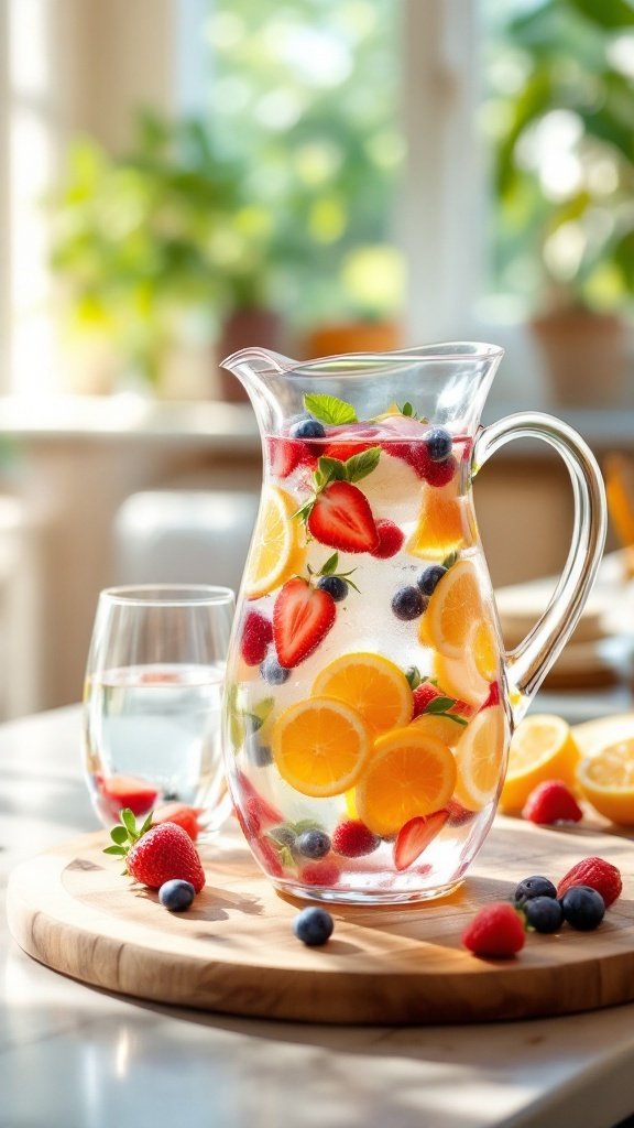 A pitcher of fruit-infused water with lemons, strawberries, and blueberries on a wooden cutting board.