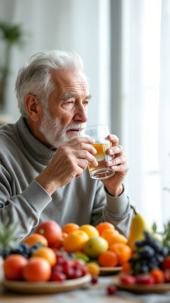 A senior man enjoying a drink with an array of colorful fruits on the table.