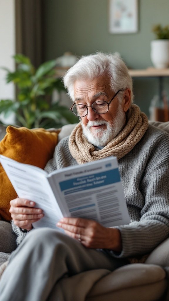 An elderly man reading a healthcare brochure while sitting comfortably in his living room.