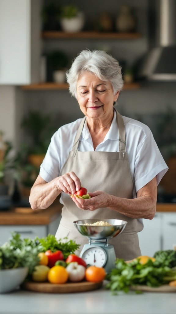 Senior woman preparing vegetables in the kitchen for healthy cooking.
