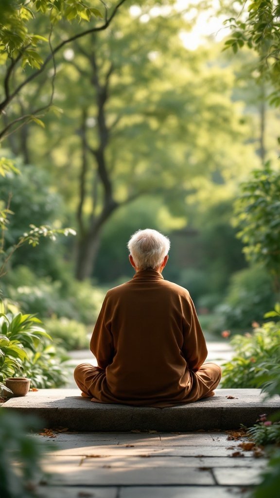 A senior person meditating in a garden surrounded by greenery.