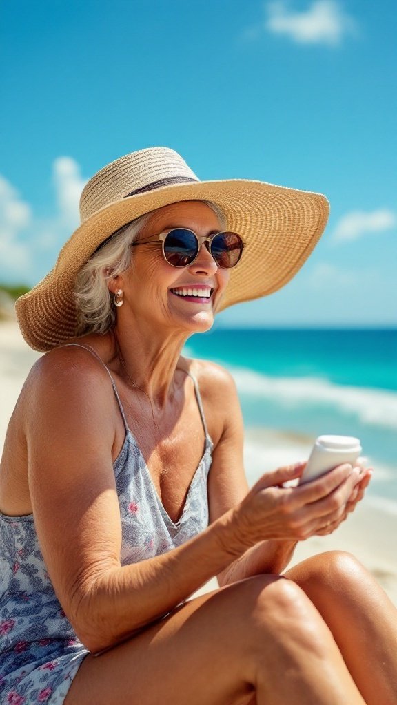 A cheerful older woman sitting on the beach, wearing a wide-brimmed hat and sunglasses, enjoying the sun while applying sunscreen.