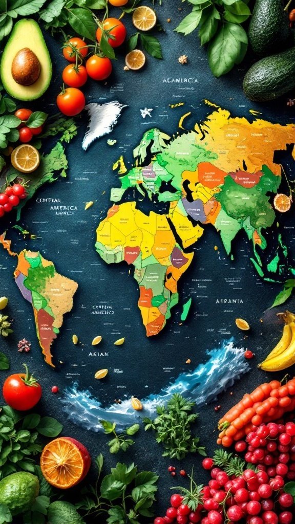 A colorful map of the world surrounded by fresh fruits and vegetables, showcasing superfoods from different regions.