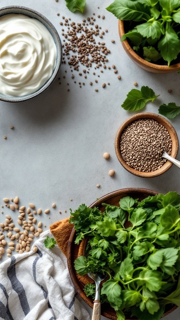 An assortment of fresh herbs, seeds, and yogurt arranged on a light surface.