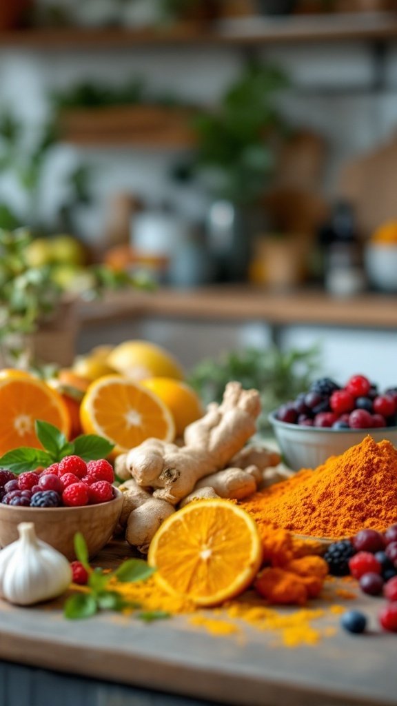 A colorful arrangement of superfoods including oranges, lemons, ginger, turmeric, berries, and garlic on a kitchen counter.