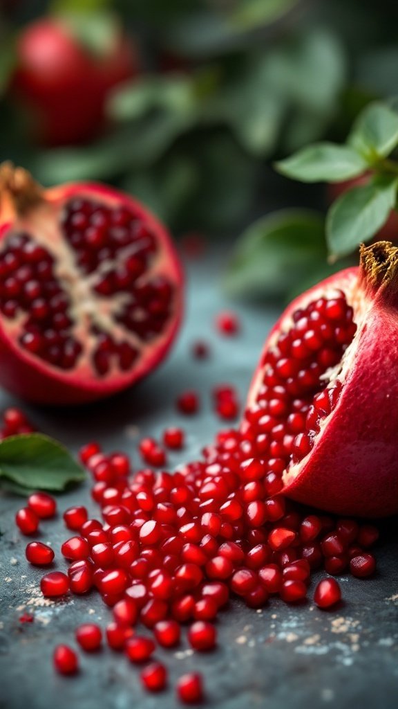 A vibrant pomegranate cut in half with seeds spilling out against a dark background.
