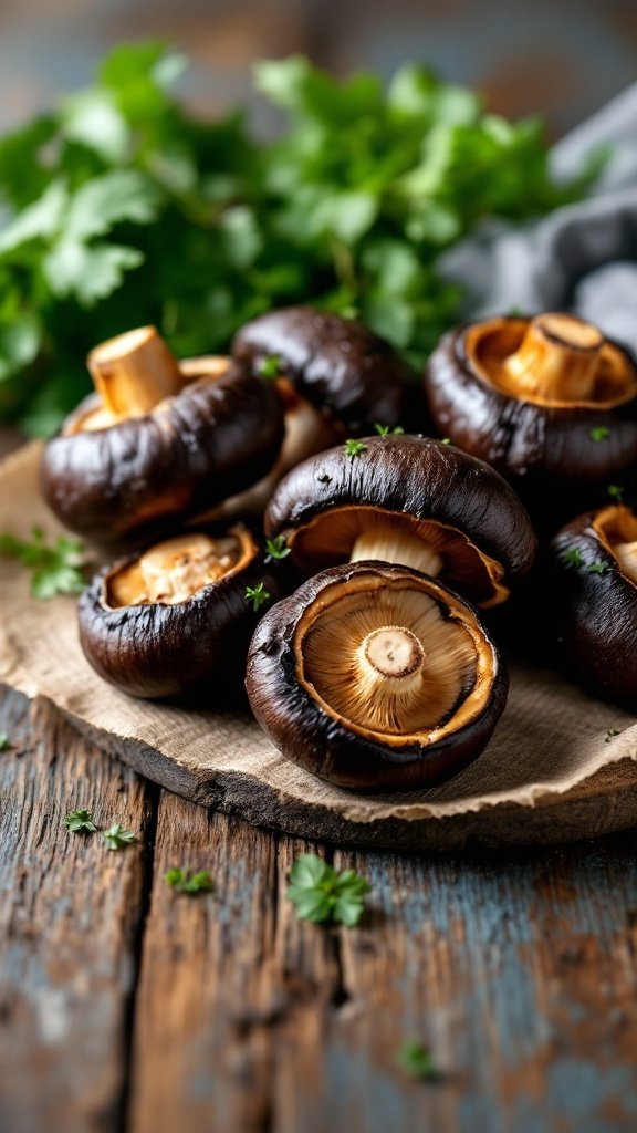 Fresh portobello mushrooms on a wooden surface with herbs in the background