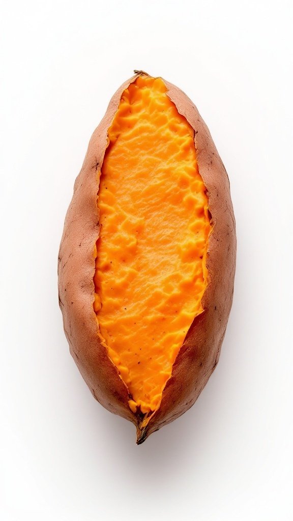 A halved sweet potato showcasing its vibrant orange flesh.