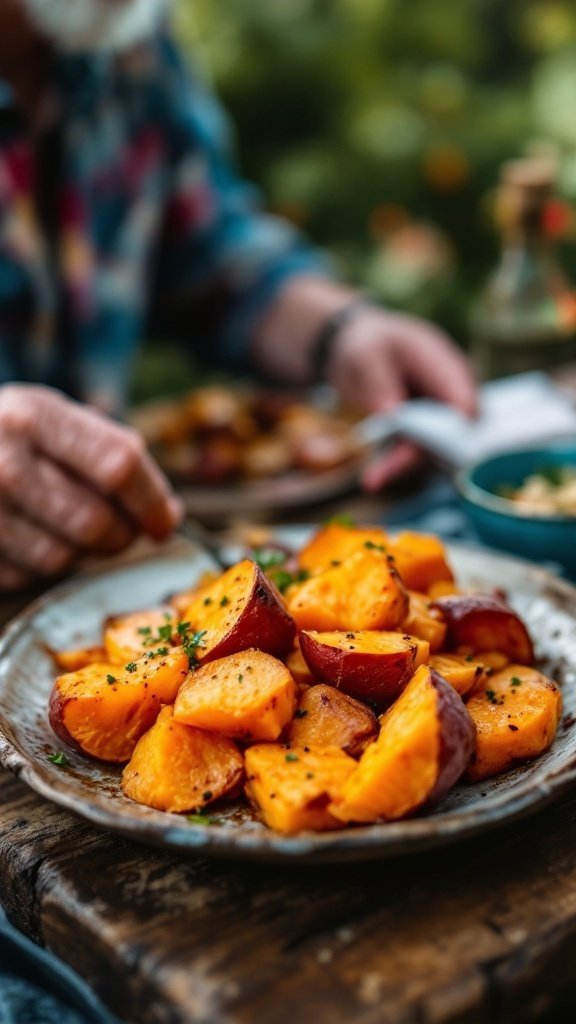 A plate of cooked sweet potatoes, garnished and ready to eat.
