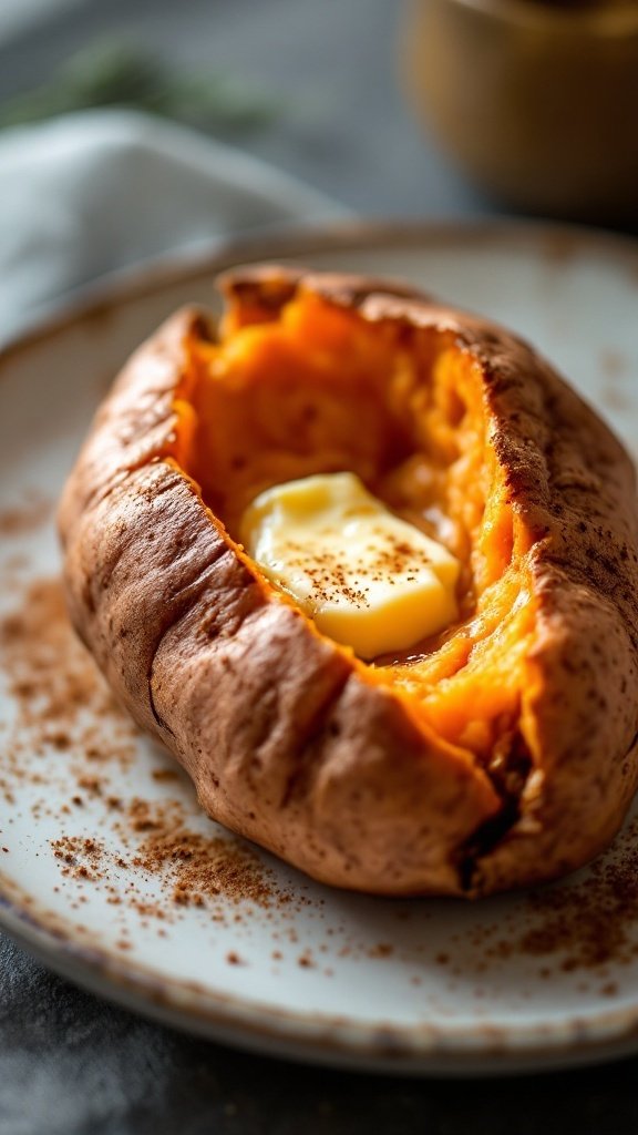 A baked sweet potato with butter and cinnamon on a plate