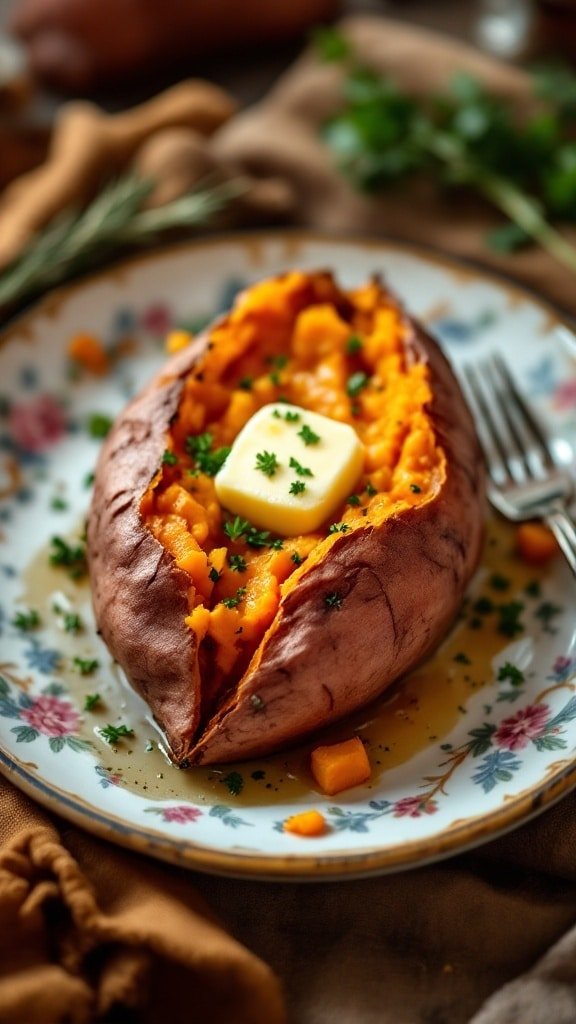 Baked sweet potato topped with butter and herbs, served on a floral plate.