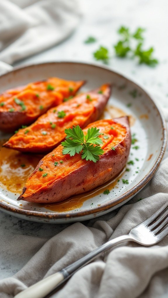 Baked sweet potatoes garnished with herbs on a plate