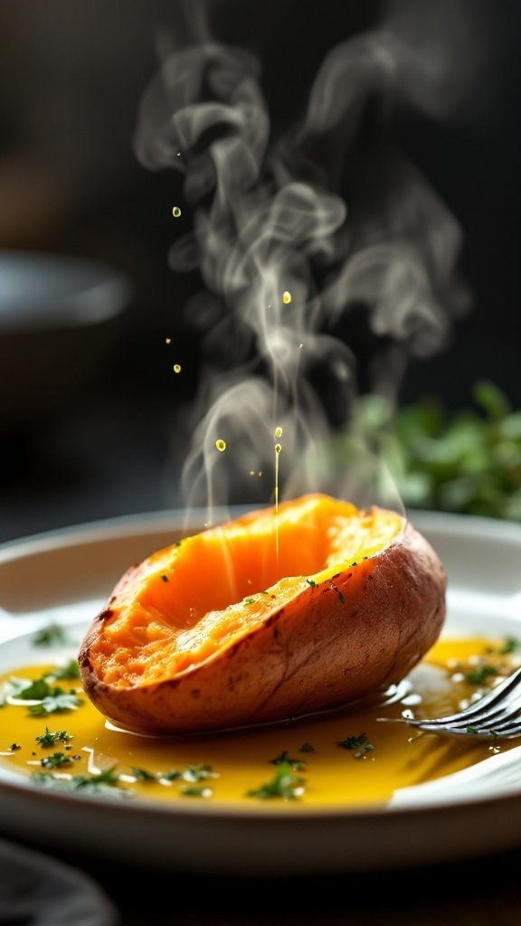 A steaming baked sweet potato on a plate, drizzled with sauce and garnished with herbs.