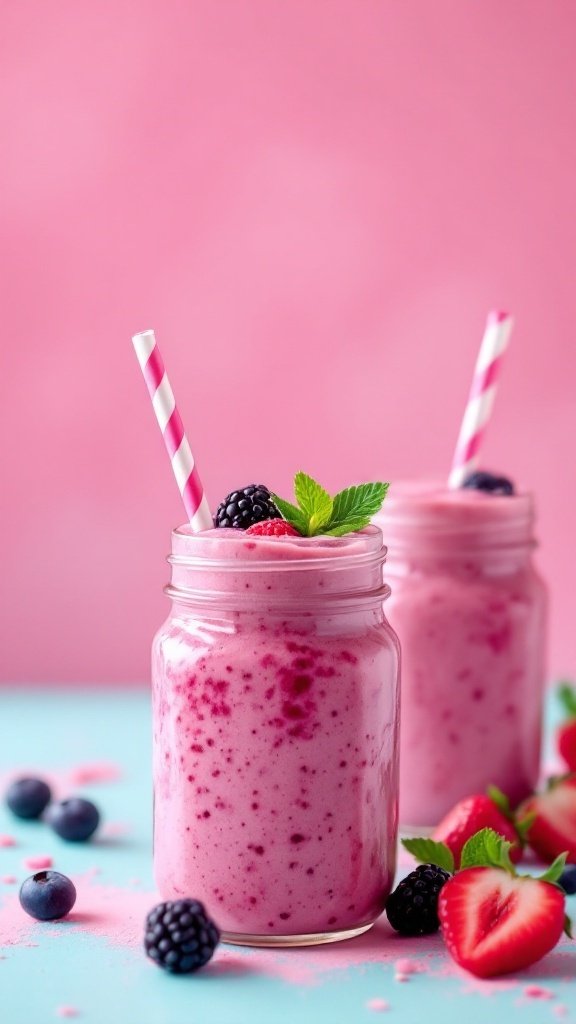 Two pink smoothies in mason jars with berries and mint garnish, against a pink background