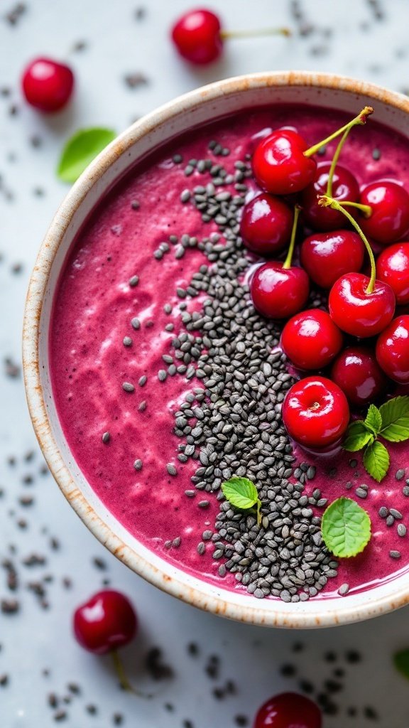 A bowl of vibrant tart cherry smoothie topped with chia seeds and fresh cherries.