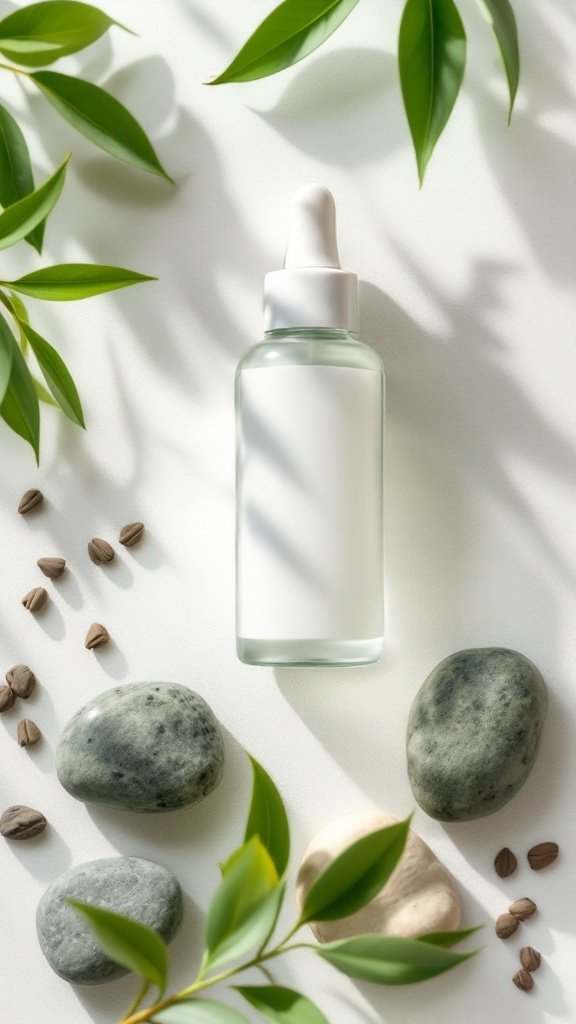 A bottle of tea tree oil surrounded by smooth stones and green leaves, symbolizing natural healing and wellness.