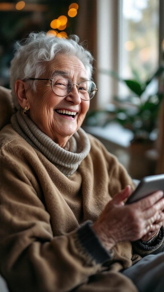 A smiling elderly woman with glasses, holding a smartphone while sitting cozy indoors.