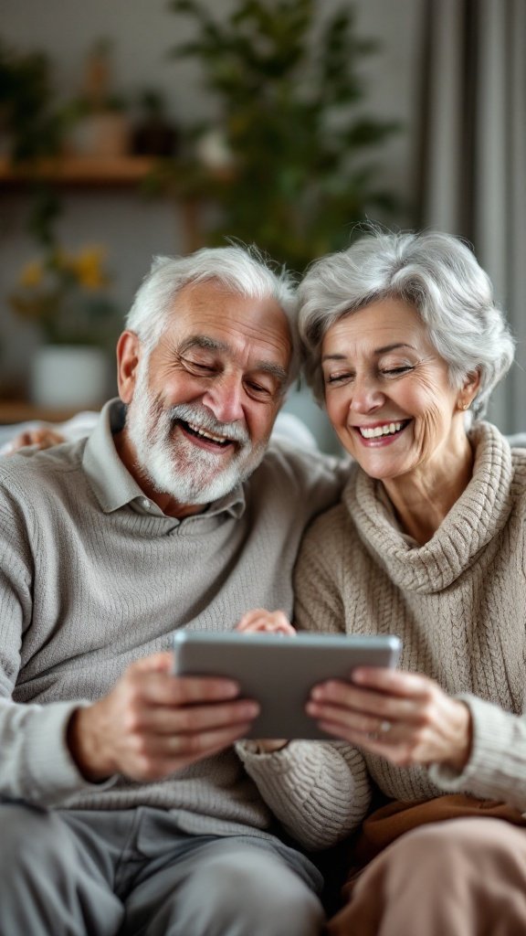 An older couple happily using a tablet together