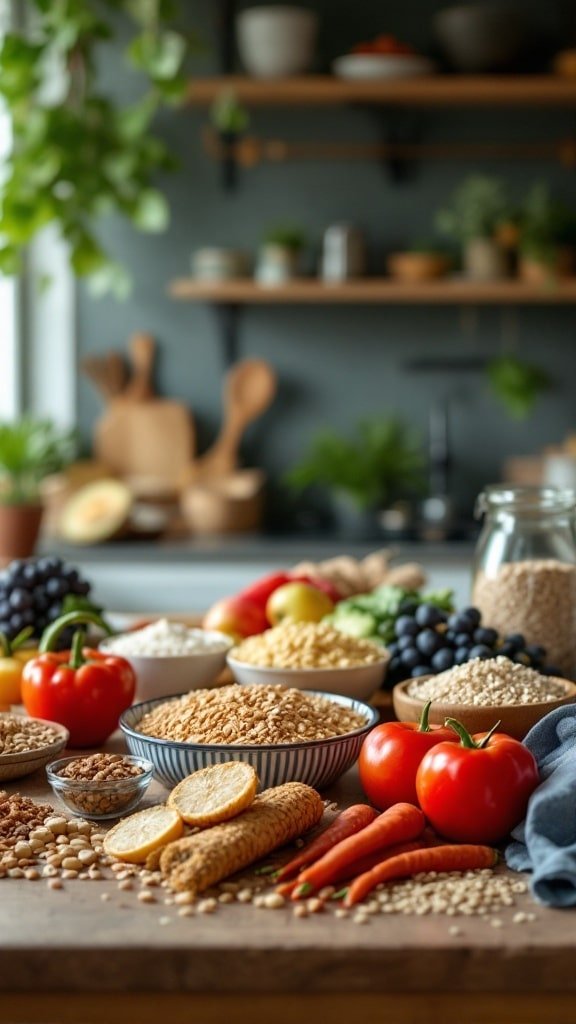 A variety of fiber-rich foods displayed on a wooden table, including grains, vegetables, and fruits.