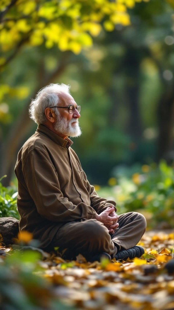 An elderly man meditating in a peaceful outdoor setting surrounded by leaves