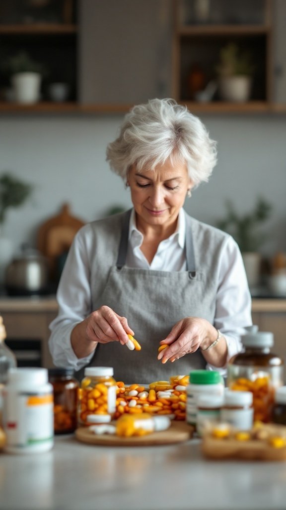 A senior woman organizing and sorting various health supplements on a kitchen counter.