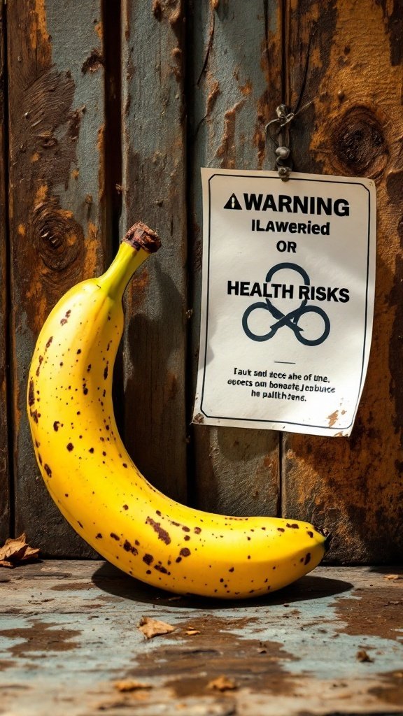 A yellow banana with brown spots leaning against a warning sign about health risks.