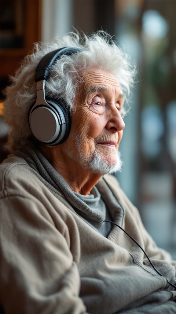 Elderly person wearing headphones, lost in thought while listening to music.