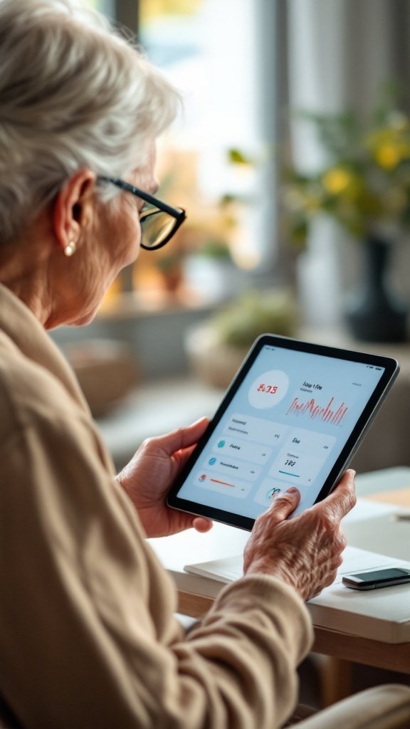 Senior woman using a tablet to monitor health metrics.
