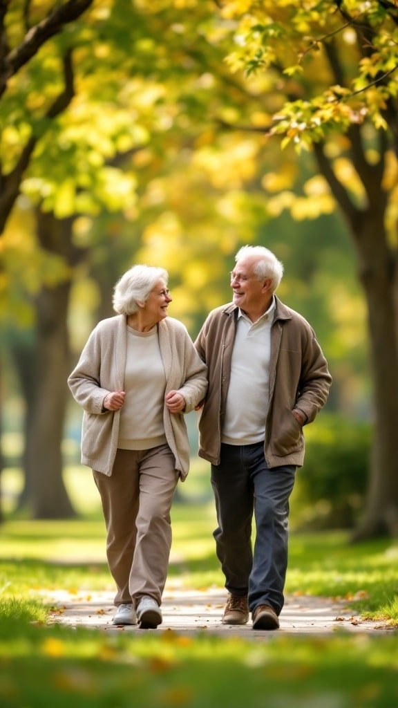 An elderly couple walking hand in hand in a park during autumn, showcasing the importance of regular exercise for heart health.