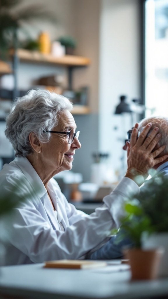 A healthcare professional performing a vision or hearing check on a senior patient in a warm and welcoming environment.