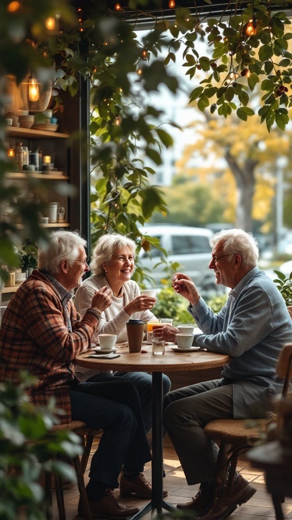 Three seniors enjoying coffee and conversation in a cozy café surrounded by greenery.