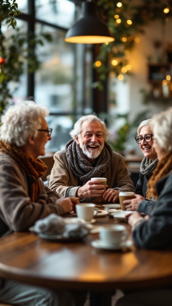 A group of seniors enjoying coffee and laughter at a café, highlighting the importance of social connections.