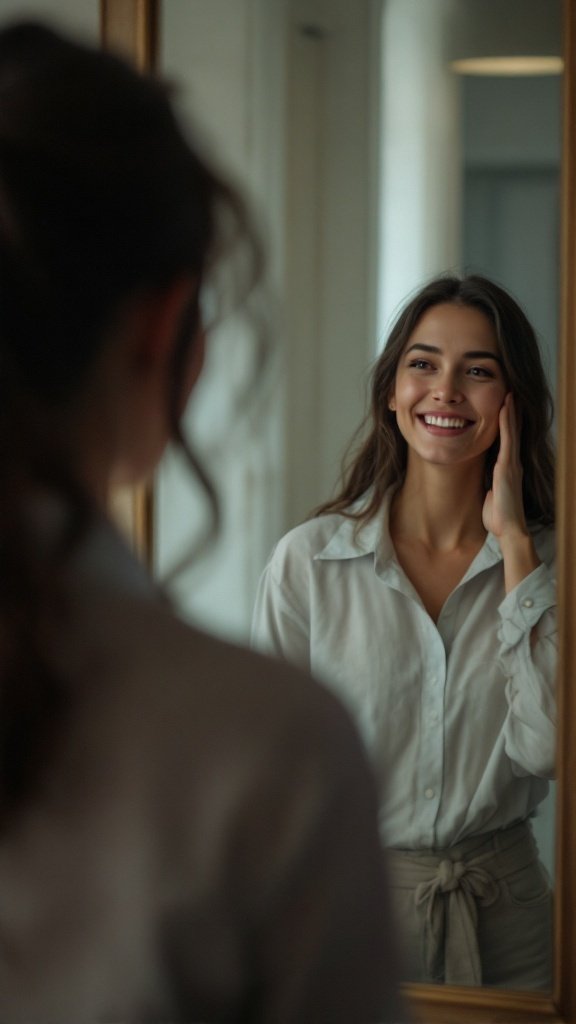 A woman smiling at her reflection in the mirror, symbolizing self-acceptance and positive mindset for weight loss.