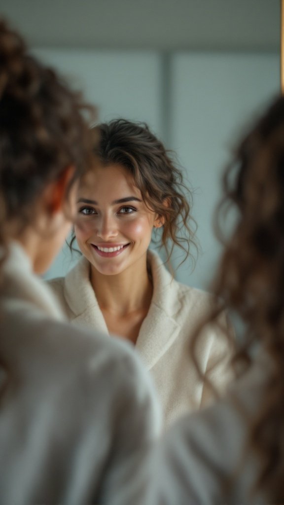 A smiling person looking at their reflection in the mirror, symbolizing self-acceptance and positivity.