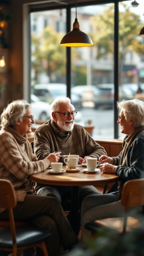 Three seniors laughing and enjoying coffee together at a table