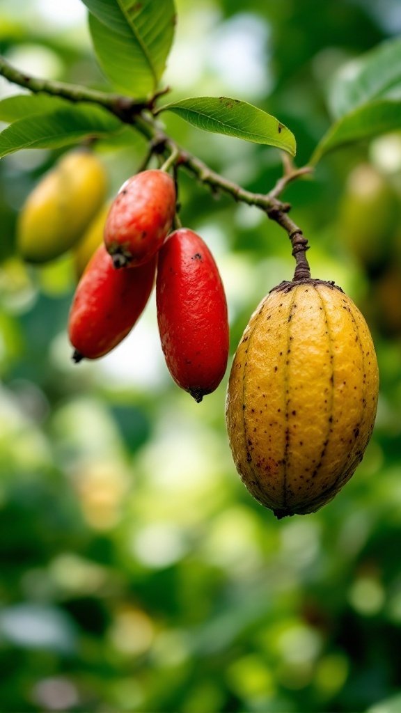 A close-up of ackee fruit hanging on a tree, displaying both ripe and unripe varieties.