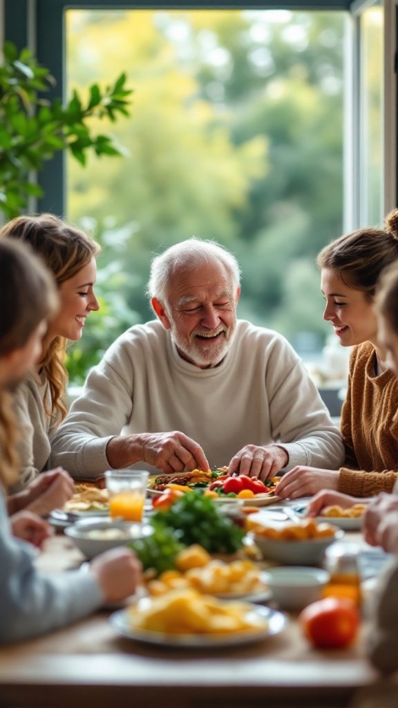 A senior man enjoying a meal with family, surrounded by a variety of nutritious foods.